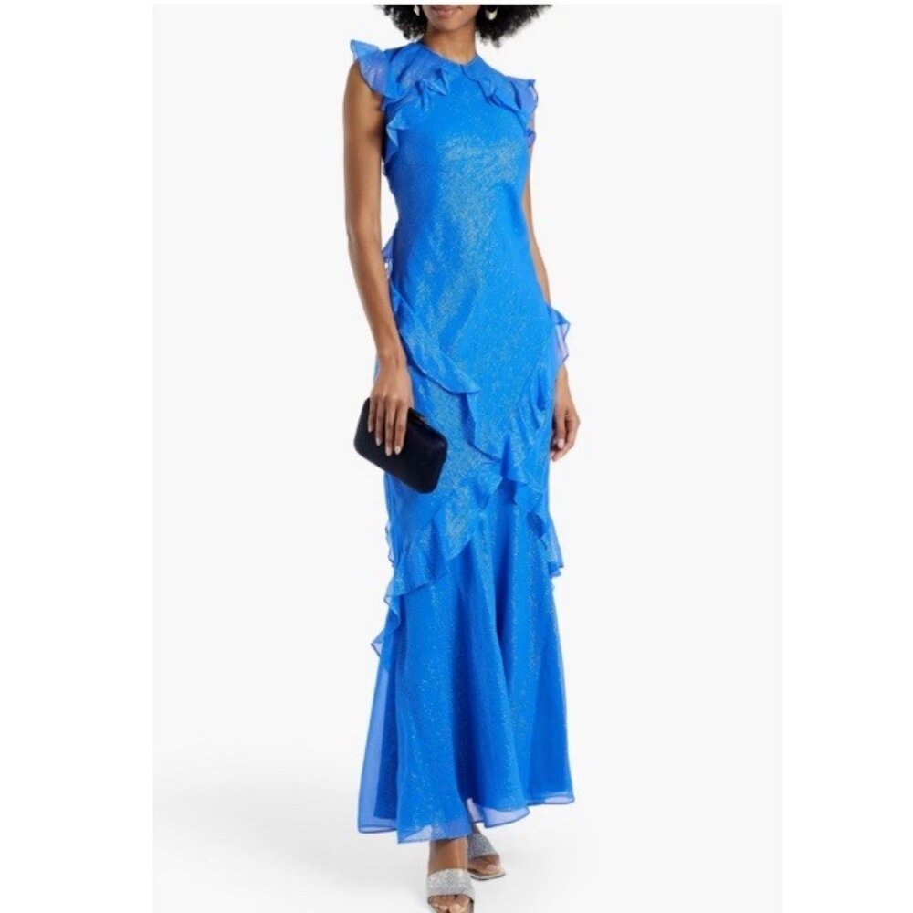 NWT Saloni Tamara Ruffle Metallic Pinstripe Maxi